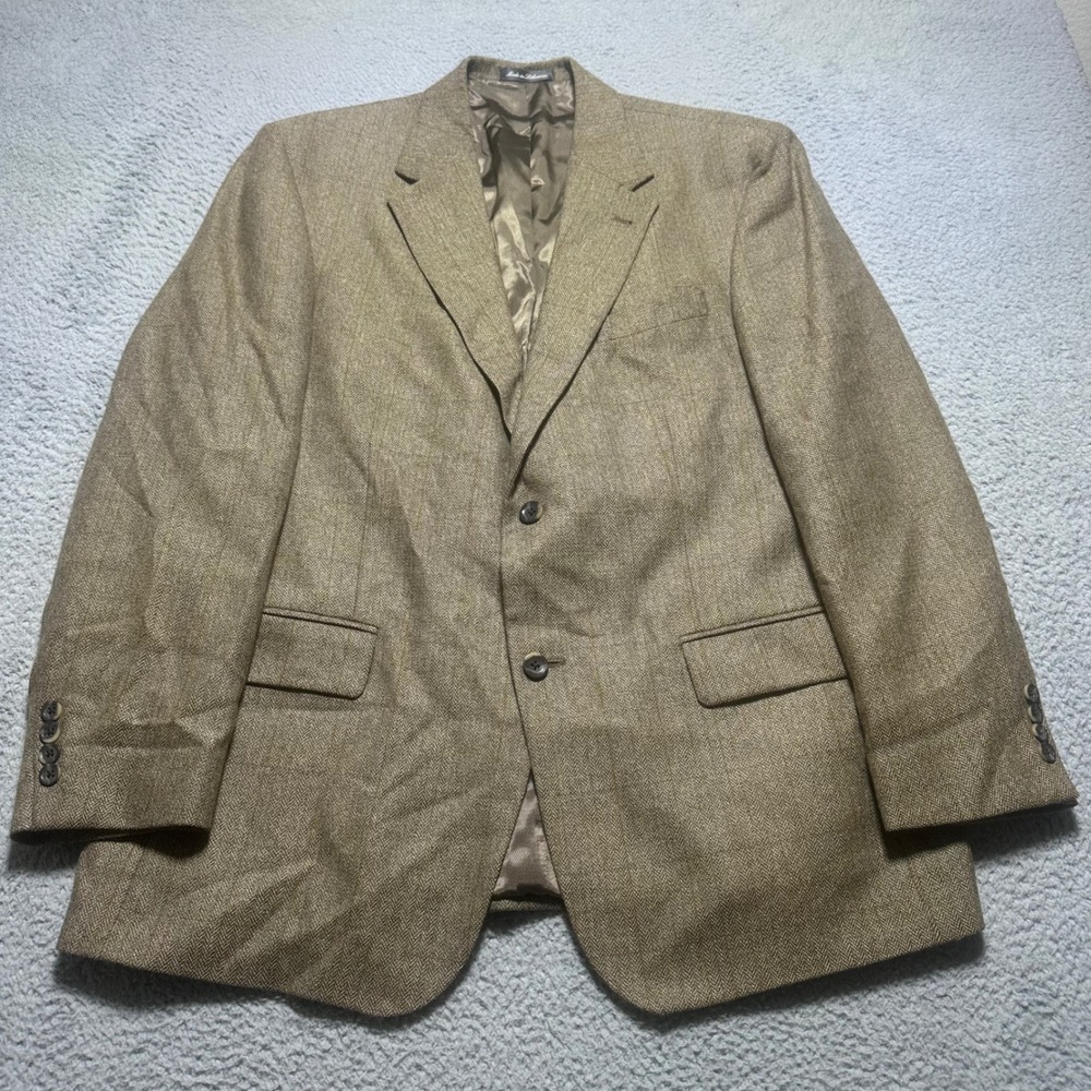 Oscar de la Renta Mens 44R Lambswool Blazer Brown Herringbone Sport Coat Wool